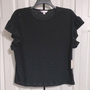 LC Lauren Conrad NWT black flutter sleeve eyelet lace top shirt blouse SZ LARGE